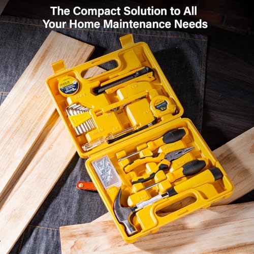 Image of Deli DL1018J 18 Piece Household Tool Kit with Test Pen Electrical Tape Long Nose Plier Tape Measure Screwdriver Utility Knives Claw Hammer and Storage Box for DIY Home Repair (Pack of 1, Yellow)