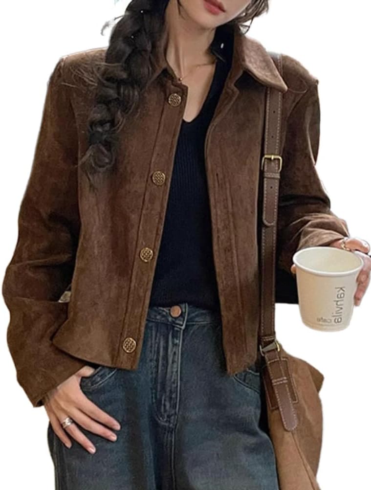 Mywinway Faux Suede Jacket Women Fall Winter Casual Leather Moto Jackets Vintage Y2k Shacket Blazer Coats Outerwear