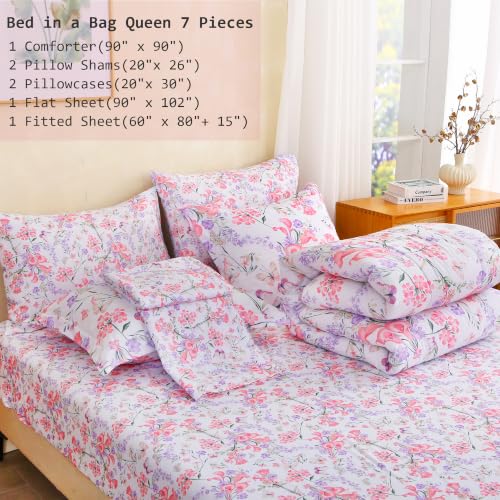 Image of lasoftan Floral Queen Comforter Set with Sheets, 7 piece Luxury Vintage Bedding, Soft Microfiber Bed in a Bag, Cozy Lightweight Bed Set, Pink Floral Botanical