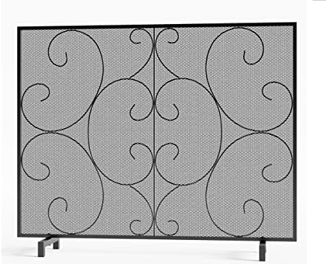 Kingson Single Panel Fireplace Screen Cover Handcrafted Solid Wrought Iron Mesh, Heat-Resistant Fire Spark Guard for Inside Fireplace-Black