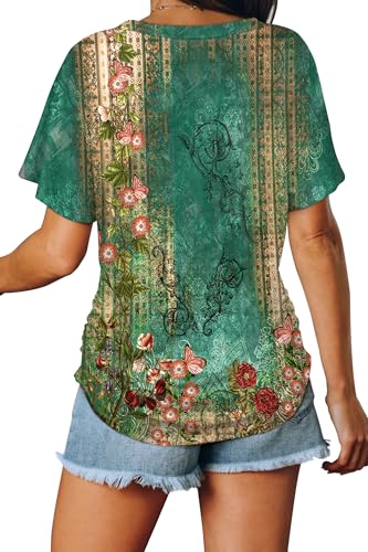 Image of WIHOLL Womens Summer T-Shirts Short Sleeve V Neck Dolman Tops with Side Shirring Loose Fit Shirts Spring Fashion