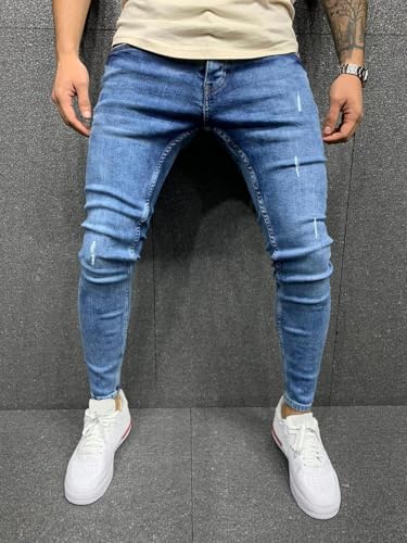 Jeans Pants Trouser Denim Ripped and Worn Out Trendy Street Wash Blue Stretch Tight Fitting for Men2