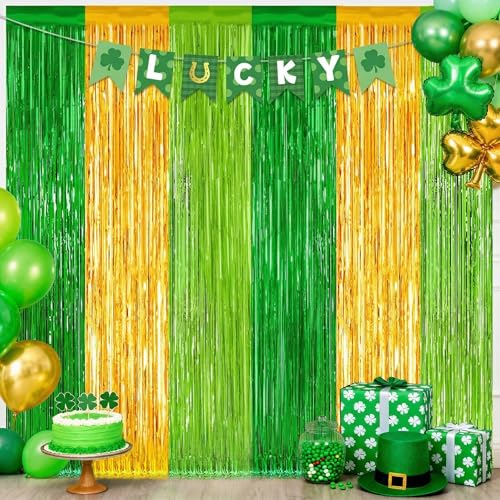 Image of 2 Pack St Patrick Party Decorations, Green Party Backdrop Green Gold Light Green Backdrop Curtains, Metallic St.Patrick Fringe Curtains Party Streamer Tinsel Backdrop, St Patrick Party Supplies