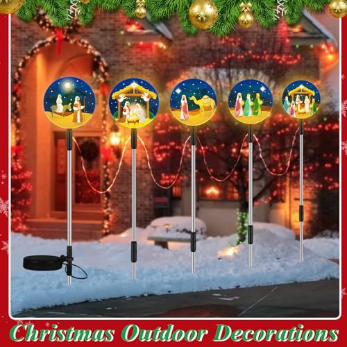 AKAIXI Presépio luz solar de Natal decorações ao ar livre 5 em 1 jarda luzes de presépio estacas luz