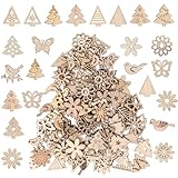 Honbay 100PCS Mini Christmas Tree Unfinished Blank Wood Pieces & Chips - Wooden Flower, Butterfly & Bird Wood Cutouts Ornaments for DIY Crafts & Home Party Decoration