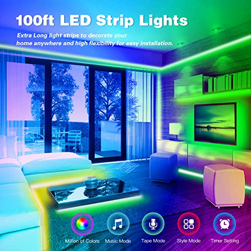 FONEWE Led Lights for Bedroom 100ft Music Sync Color Changing Led Strip Lights Led Light Strip with App Control RGB Led Lights for Party Home Decoration
