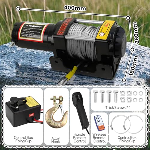 Elektrische Seilwinde 12V, 3500lb/1588kg Elektrische Seilwinde Mit Funkfernbedienung und Handsteuerung, Wasserdichter Kupfermotor, Anti Twist Stahldrahtseil, Ideal für Rettungen im Gelände