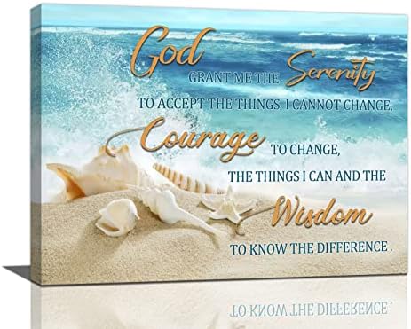 Serenity Prayer Wall Art Ocean Coastal Beach Seashell Christian Wall Decor Scripture Quotes Pictures Painting Print Framed Artwork for Bathroom Bedroom Living Room Yoga Room Office 12"x16"