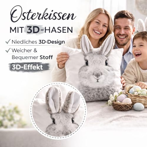 Bada Bing Osterdeko Kissenhülle 3D Dekokissen Hase mit Schlappohren - Sofakissen Bezug in 40x40 cm Deko - Kissen mit Osterhase und Hasenlöffel - Couchkissen Zierkissen fürs Wohnzimmer Schlafzimmer