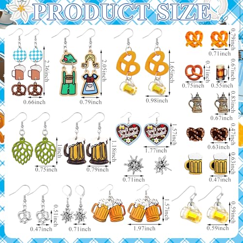 Nosiny 16 Pairs German Oktoberfest Earrings Rhinestone Earrings Funny Pretzels Beer Mug Gingerbread Beer Mug Heart Earrings Studs Festival Jewelry Gifts for Women2