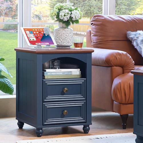 18" Farmhouse Night Stand Set 2 with Charger Station, Blue 2 & 3 Drawers Wood Nightstand, Bedside End Table with Storage and Roman Column, Bed Side Tables Cabinet for Bedroom, Living Room, and Closet
