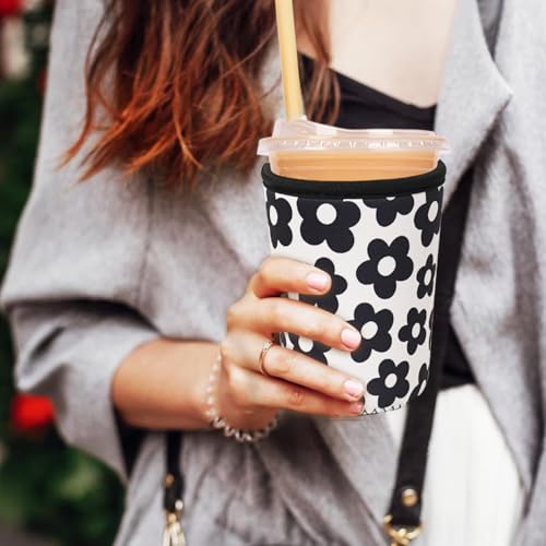 Image of Reusable Insulated Neoprene Iced Coffee Cup Sleeve, Durable Drink Sleeve for Cold Beverages, Beverage Holder for Iced Coffee (Black Flowers)