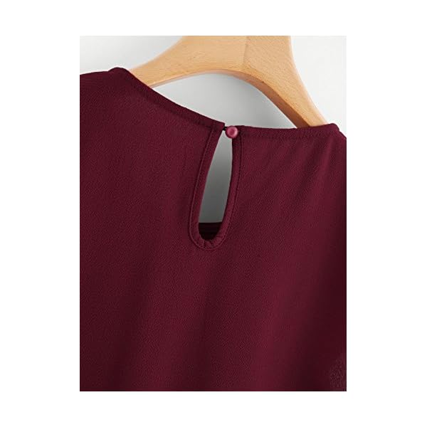 Milumia Womens Casual Round Neck Basic Pleated Top Shirt Curved Keyhole Back Blouse (Burgundy, Large, Cap Sleeve)