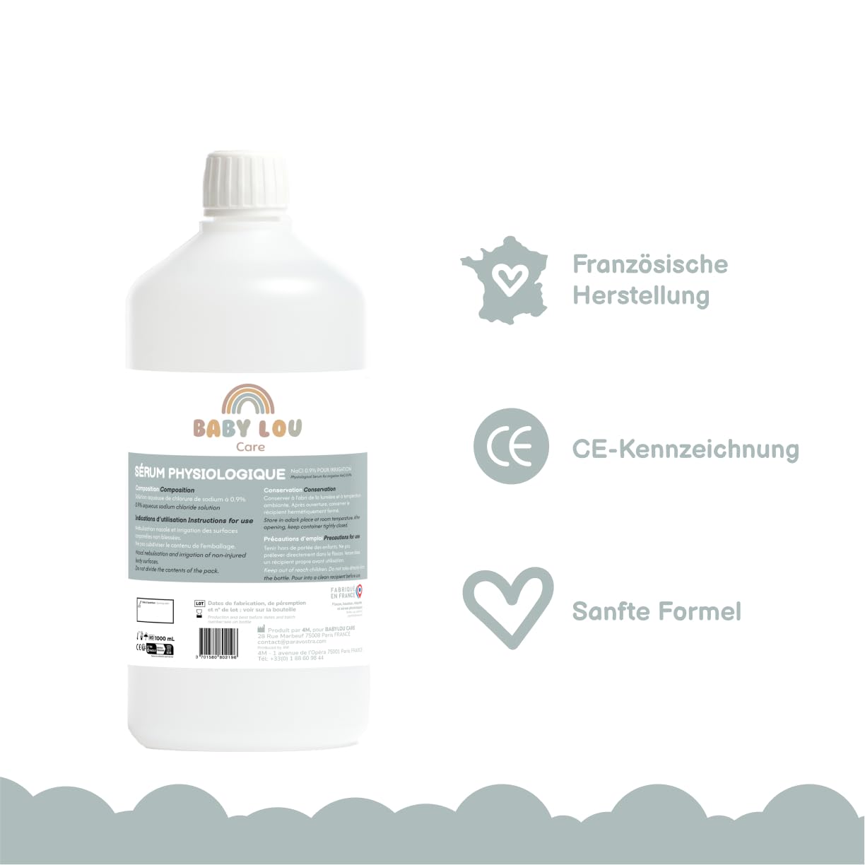 Physiologische Kochsalzlösung in Flasche 3×1 L | NaCl 0,9 % | Hergestellt in Frankreich | Nasenspülung | Nasenhygiene | Zur äußeren Anwendung