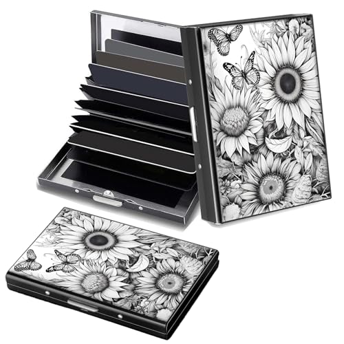 RFID Blocking Slim Aluminum Credit Card Holder for Men & Women, Small Metal Wallet with 6 Accordion Slots, Lightweight Business Card Case, Fashion Pattern ID Wallet Gift,Butterfly and Sunflower