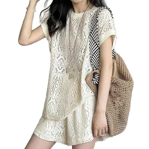 Ensemble short ajouré femmes tenue été ample casual 2 pièces abricot