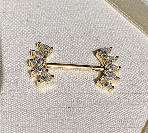 Freshtrends White Sapphire 10 Pears Crescent 14K Gold Barbell Nipple Ring, 14K Rose Gold | 16G | 9/16" (14Mm) #TOP3