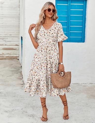 Zeagoo Women's Summer Dresses Midi Tiered Casual Dress Floral V Neck Ruffle Short Sleeve Flowy Beach Dress with Pockets3