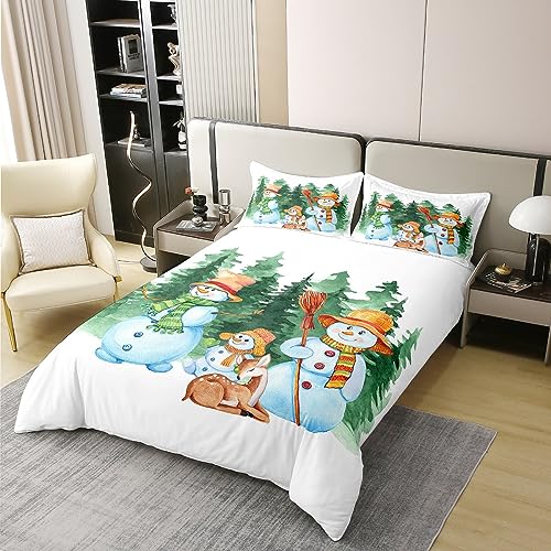 Homewish 100% Natural Cotton Boys Snowman Duvet Cover Double Kawaii Xmas Deer Bedding Set Girls Cartoon Comforter Cover Green Woodland Trees Bed Sets with 2 Pillowcases Bedroom Decor - Image 2