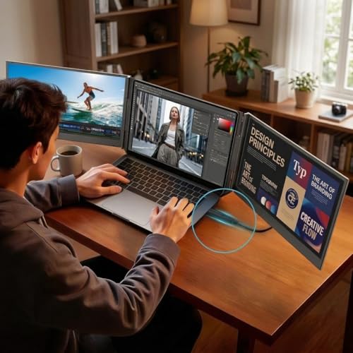 Image of APILDELLA 15.6'' Triple Laptop Screen Extender One Cable Connection, 1080P FHD Laptop Extended Monitor Portable with Speaker, Ultra-Slim Travel Monitor for 13-17.3 inch Laptops, Work with Mac, Window