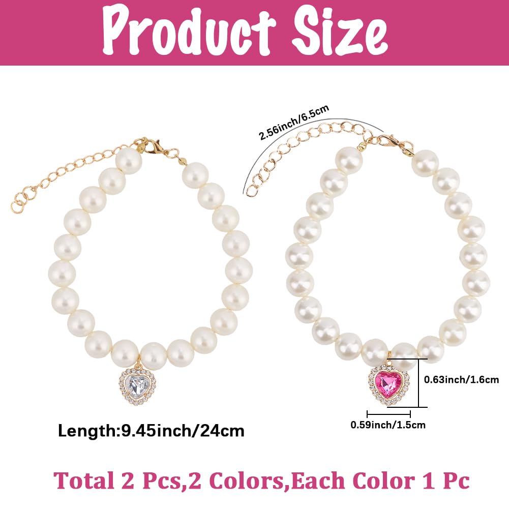 CREATCABIN 2Pcs 2 Styles Pearl Cat Collar Pet Necklace Collar Resin Imitation Pearls Beaded Adjustable Extender Necklaces with Alloy Rhinestone Heart Charm for Small Dog Jewelry Accessories 9.4 Inch - Image 2