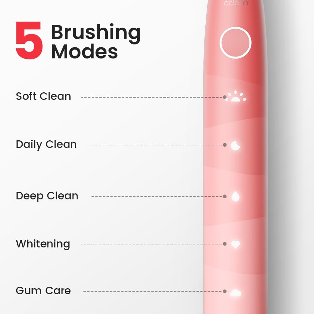 Oclean Brosse à dents électrique pour adultes, brosse à dents Sonic Soft Gum Care avec 6 têtes de brosse et étui de transport, autonomie de 240 jours, rechargeable par USB C, rose