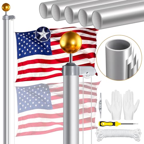 XIFAN Flag Pole Kit for Outside, 20 FT 13 Gauge Heavy Duty Aluminum Flagpole for Outdoor House in Ground, with Spun Polyester 3x5 ft American Flag for Garden Yard, Residential or Commercial (Silver)