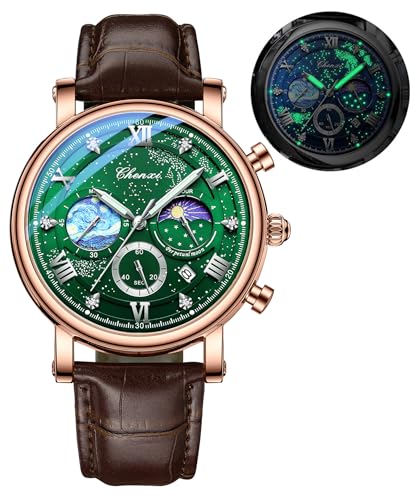 FANMIS Men's Classic Multifunctional Military Sports Analog Watch Business Dress Waterproof Luminous Chronograph Starry Sky Moon Phase Leather Wristwatch, Z Brown Green, Fashion watch