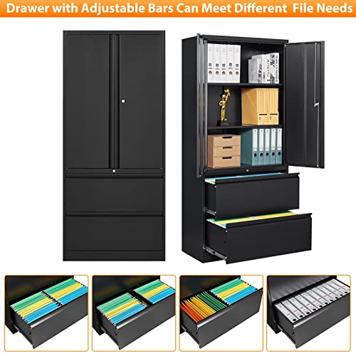 Lissimo Metal File Cabinet With 2 Drawers,Office Storage Cabinet With Adjustable Shelves, Lockable Lateral File Cabinet For Letter/Legal/A4 Size Files (Black) #TOP4