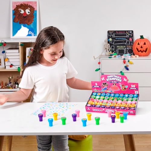 Image of JOYIN 50 Pcs FairyTale's Themed Stamps for Kids - Self-Ink Stamps with 50 Designs for Birthday Party Favor, Carnival Prizes, Goodie Bag, School Treasure Box Toys (Mermaid, Princess, Unicorn Stampers)
