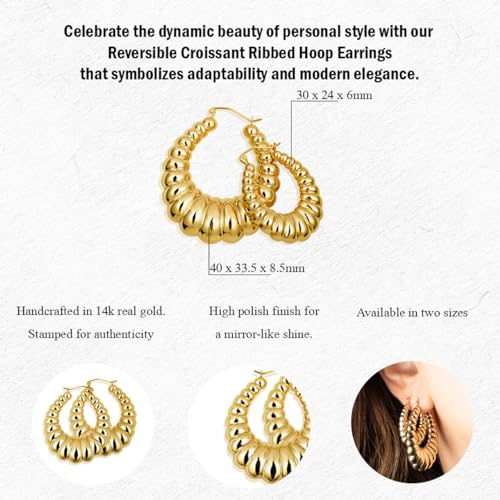 Ladies 14K Yellow Gold Reversible Croissant Ribbed Hoop Earrings, 6-8.5mm Thick 24-33.5mm Diameters4