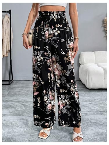 Women's Floral Boho Wide Leg Shirred Elastic High Waisted Long Trousers Vacation Beach Outfits3