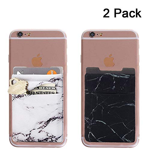 Cell Phone Card Wallet, Heyeery [Double Secure] Lid Pouch, 2 Packs Stretchy Marble Cell Phone Stick On Wallet Card Holder Phone Pocket for iPhone, Android and All Smartphones (2 Packs)