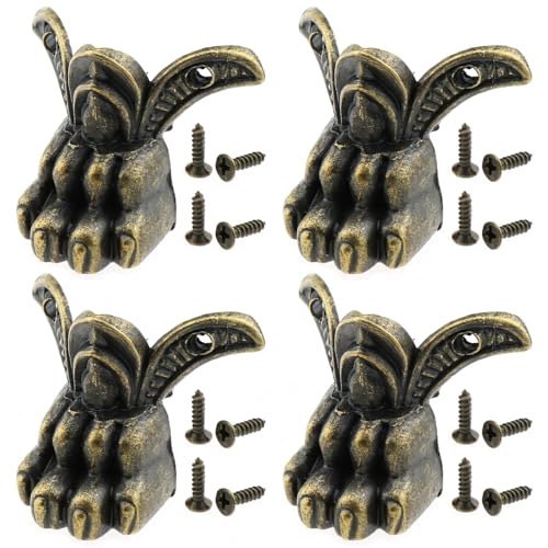 LUORNG 4PCS 43x34mm Box Feet Corner Protector Antique Brass Metal Corner Protector Lion Paw Shape Small Jewellery Box Feet with Screws Suitable for Gift Box Storage Box Wine Box