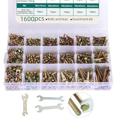 1600PCS M4 M5 M6 8.8 Bols et noix de qualité à usage lourd & Kit d'assortiment de rondelles de serrure, boulons lourds, 15 Tailles Vis et écrous Kit d'assortiment