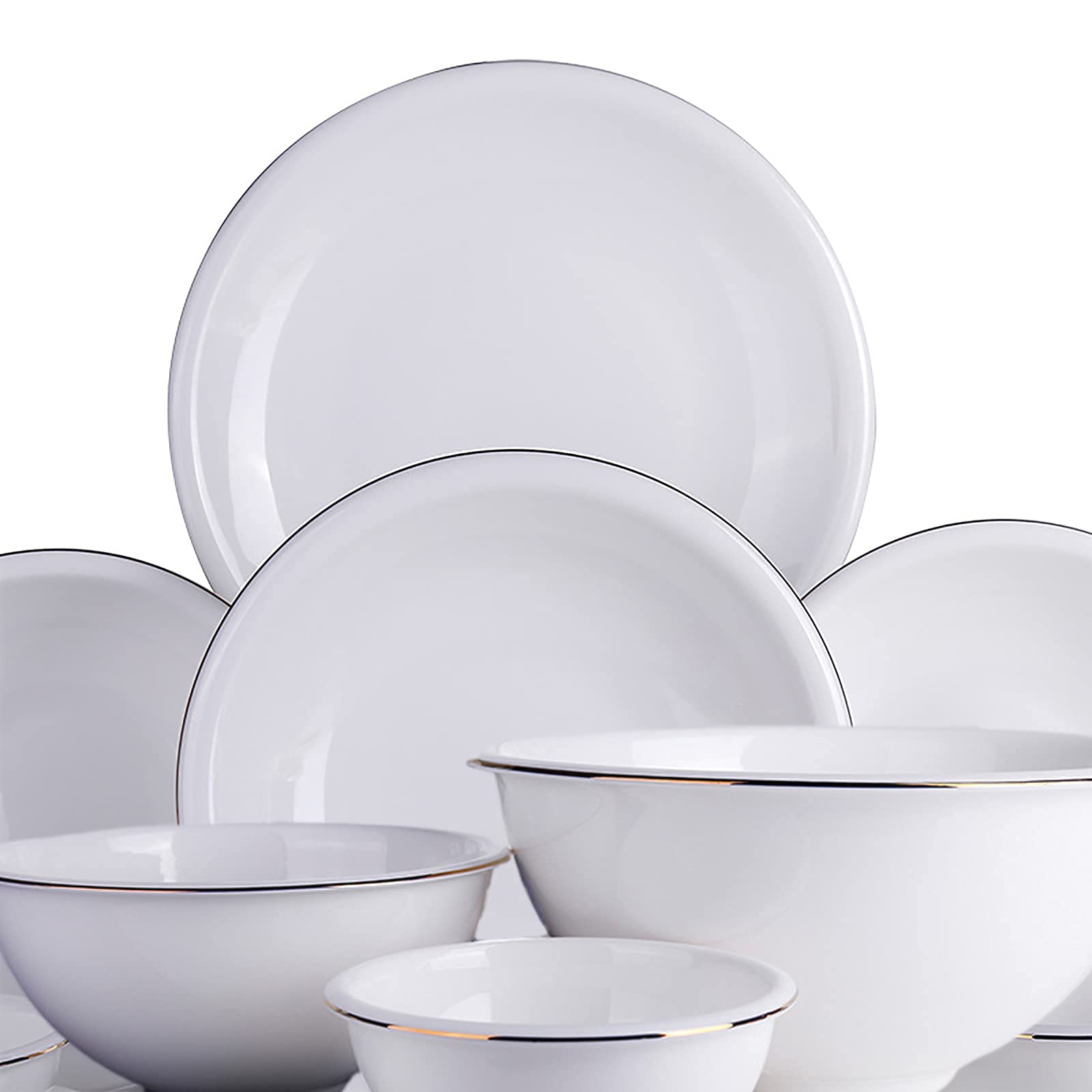 16-Częściowy Zestaw Obiadowy Z Porcelany Kostnej, Porcelanowy Zestaw Naczyń Kuchennych Z Białymi Okrągłymi Miskami Na Płatki Zbożowe, Talerzykami Deserowymi Ze