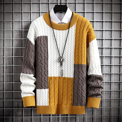 Cable Knit Crewneck Sweater for Men Casual Patchwork Pullover Thick Knitted Jumper Long Sleeve Fall Winter Top3