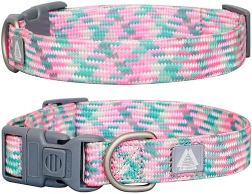 Reflective Dog Collar, Neck 16’’-25’’, Adjustable Soft Nylon Collar with Safety Lock for Medium, Large Dogs, Pink, L