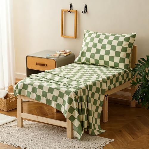 Image of Wellboo Green White Plaid Toddler Bedding Sets for Girls Boys Sage and White Checkerboard Grid 4 Pieces Soft Crib Bed Set Including Comforter, Sheets and Pillowcase Kids Checkered Geometric Quilt
