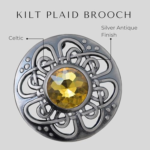 Image of Elegant Culloden Plaid Brooch - Scottish Kilt Fly Plaid Brooch Intricate Celtic Knot in Pewter with Gemstone 3-Inch Diameter - Ideal for Scottish Kilts & Formal Wear
