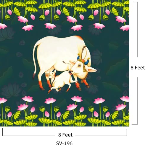 Image of Cow Backdrop Cloth Decoration| Cow Backdrops for Home Decoration Pooja House Warming, Functions (pichwai Backdrop Cloth for Decorations 8x8 feet Dark Green) (Knit Fabric) pongal Decorations backdrops