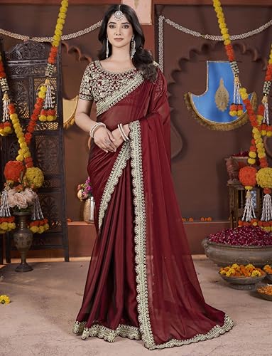 Image of DHARMEE Women's Elegant Designer Sarees Premium Rangoli Fabric with Embellished Border, Lightweight and Stylish Ethnic Wear - Perfect for Parties, Weddings, and Festive Occasions..