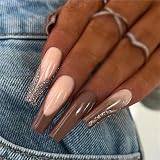 24 uñas postizas de color marrón, uñas postizas largas a presión con purpurina, puntas francesas para mujeres y niñas, decoración de uñas