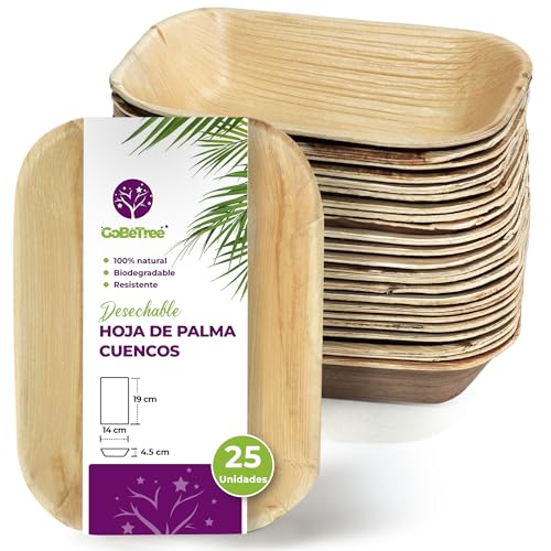 GoBeTree Cuencos Rectangulares de Hoja de Palma 19x14 cm, ecológicos, resistentes y elegantes para barbacoas, picnic, cumpleaños y eventos. Alternativa perfecta al bambú