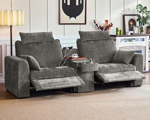 Image of 102.8'' Loveseat Power Recliner Sofa with Headrest, Oversized Cloud Modular Sectional Reclining Couch with Table, Storage Drawer, Charging, 2-Seater for RV Home Theater, Chenille, Grey