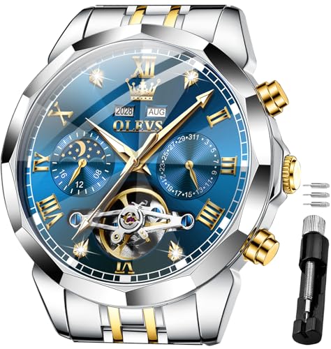 Image of OLEVS Men's Watches Automatic Self Winding Skeleton Blue Big Face Mechanical Business Luxury Gift Tourbillon Calendar Wrist Watch