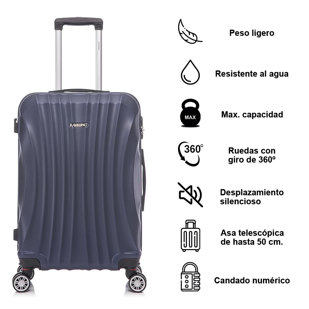 RAYKONG Juego de Maletas ABS Rígida 3 Piezas|Maleta Cabina 55cm|Maleta Mediana 68cm|Maleta Grande 78cm|Neceser 29cm|AzulMarino