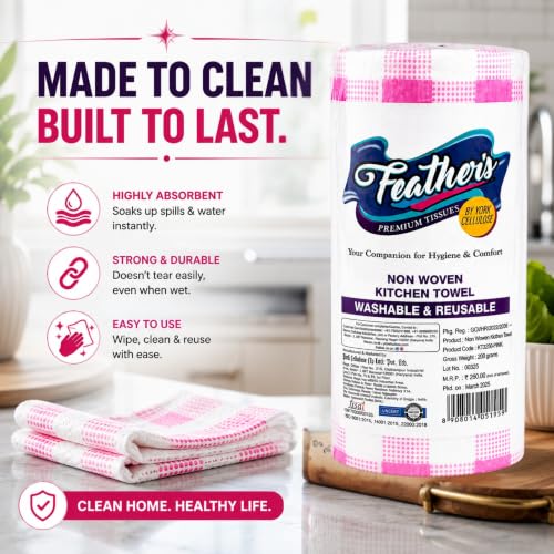 Image of Feather's Smartchoice Reusable Kitchen Towel Roll | 80 sheets per roll | Washable Non Woven Tissue, Clean wet surface, dishes, appliance, etc | Wash, Re-use and Repeat (Pack of 4)