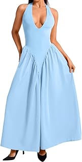 Deep V Neck Dress, Halter Maxi Dresses, Vacation Date Night, Sexy for Women Corset Flowy Wedding Guest Drop Waist
