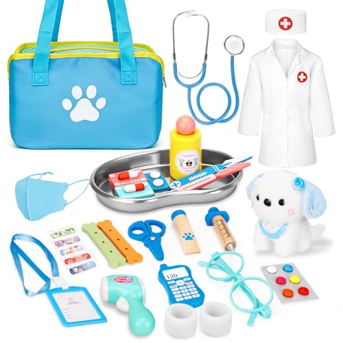 BBWELL Mala médica infantil de madeira, kit médico infantil com estetoscópio real, roupão, bolsa médica, termómetro e seringa, brinquedo educativo para crianças de 3+ anos